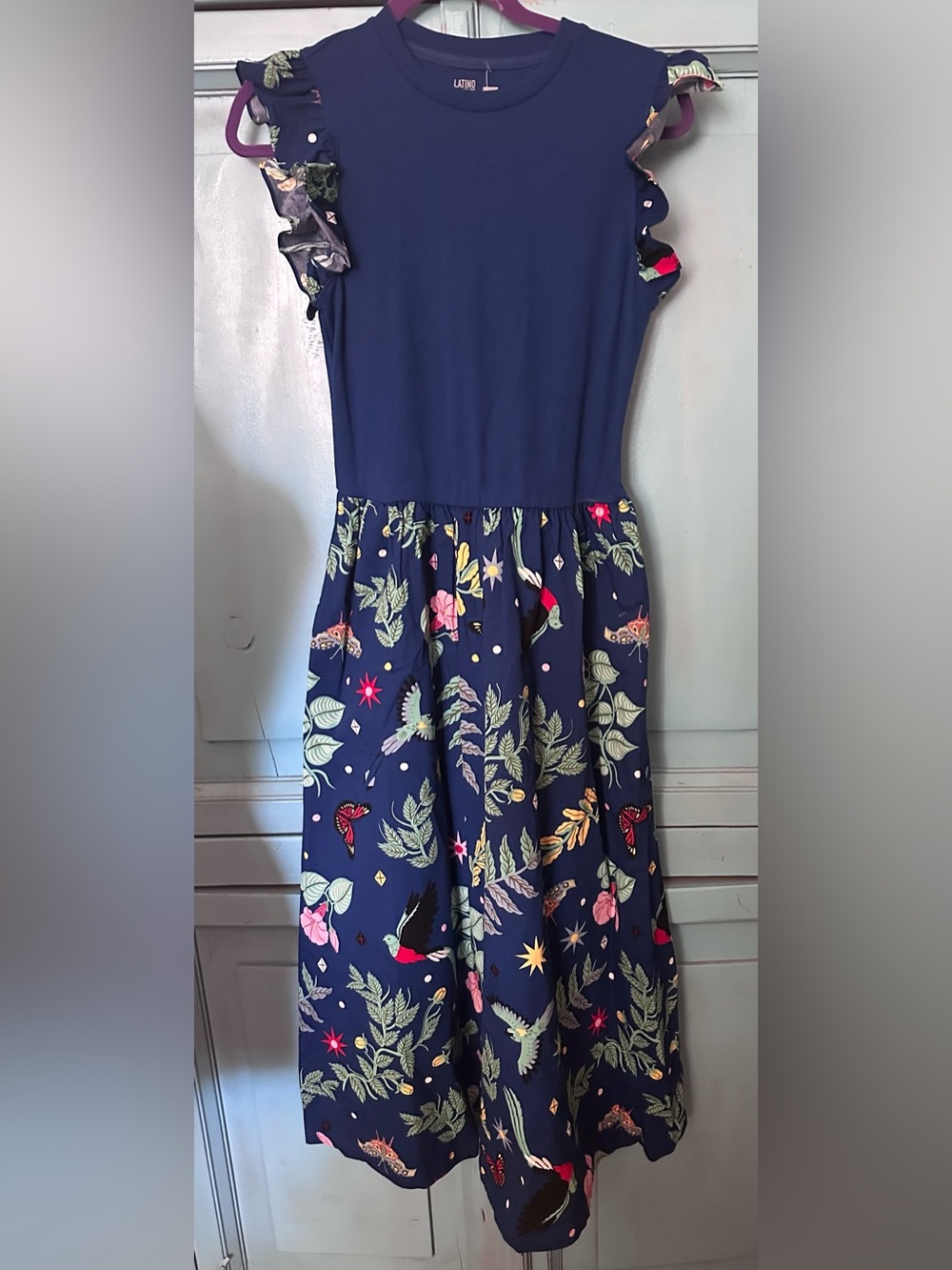 Navy Floral & Bird Print Maxi Dress with Ruffle Sleeves